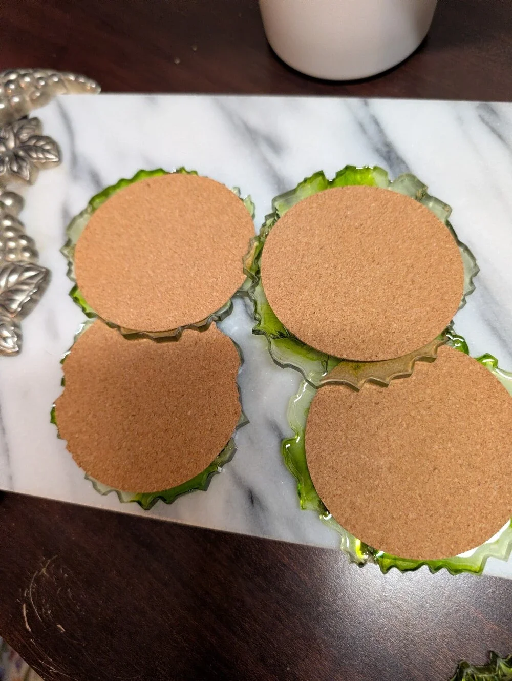 Handmade Green Ink Marbled Resin Coaster Set